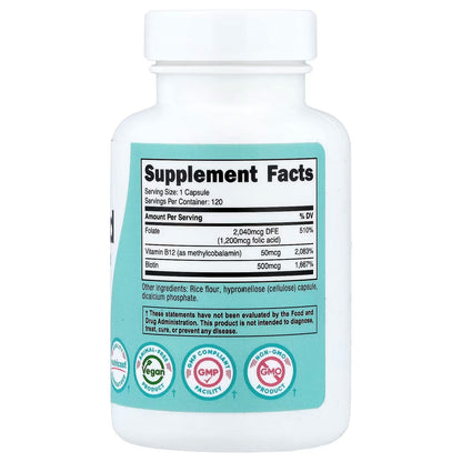 Nutricost Folic Acid for Women 1200mcg – 120 Veggie Capsules with B12 & Biotin, Non-GMO & Gluten-Free