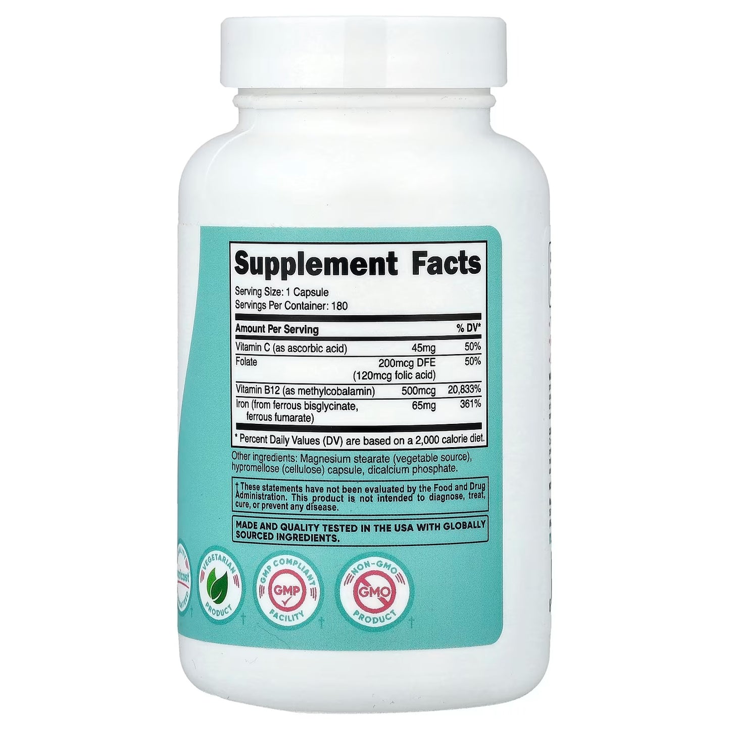 Nutricost Iron for Women 65mg – 180 Vegetarian Capsules with Vitamin C, Folate & B12, Gluten-Free & GMO-Free