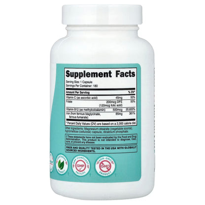 Nutricost Iron for Women 65mg – 180 Vegetarian Capsules with Vitamin C, Folate & B12, Gluten-Free & GMO-Free