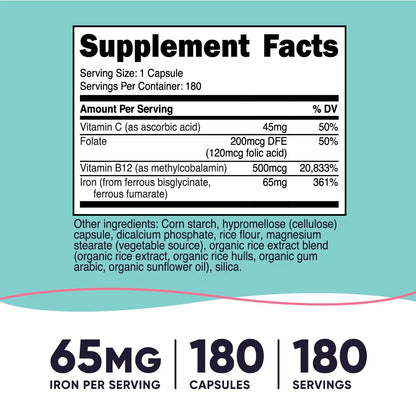 Nutricost Iron for Women 65mg – 180 Vegetarian Capsules with Vitamin C, Folate & B12, Gluten-Free & GMO-Free