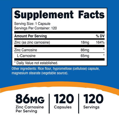 Nutricost Zinc Carnosine 86mg – 120 Capsules | Zinc L-Carnosine, Gluten-Free & GMO-Free