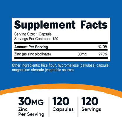 Nutricost Zinc Picolinate 30mg – 120 Capsules, Gluten-Free & GMO-Free