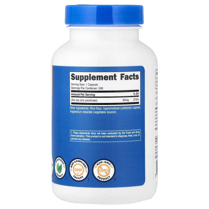 Nutricost Zinc Picolinate 30mg – 240 Capsules, Gluten-Free & GMO-Free