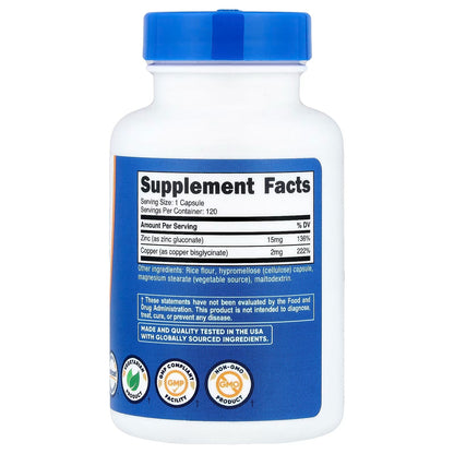 Nutricost Zinc + Copper 15mg/2mg – 120 Vegetarian Capsules, GMO-Free Supplement