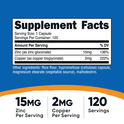 Nutricost Zinc + Copper 15mg/2mg – 120 Vegetarian Capsules, GMO-Free Supplement