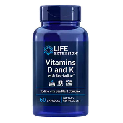Life Extension Vitamins D and K with Sea-Iodine Bone Health Vascular Health Immune Support Cognitive Support Thyroid Support 60 Capsules