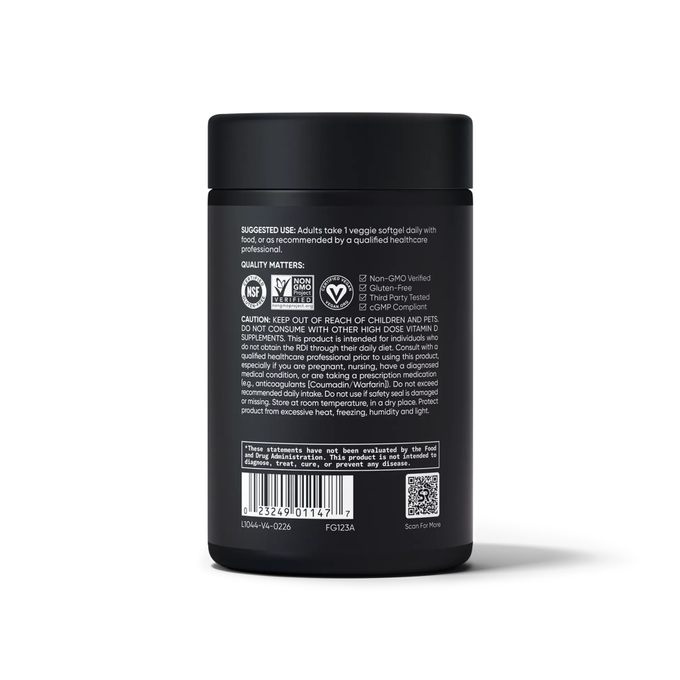 Sports Research D3 + K2, Plant Based 5000 IU125 Mcg/100 Mcg Veggie Softgels