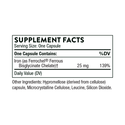 Thorne Iron Bisglycinate Red Blood Cell Support Oxygen Transport Energy Metabolism 60 Capsules